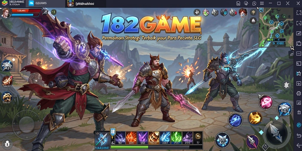 Screenshot gameplay 182GAME menampilkan pertarungan epik dan pembangunan kerajaan.