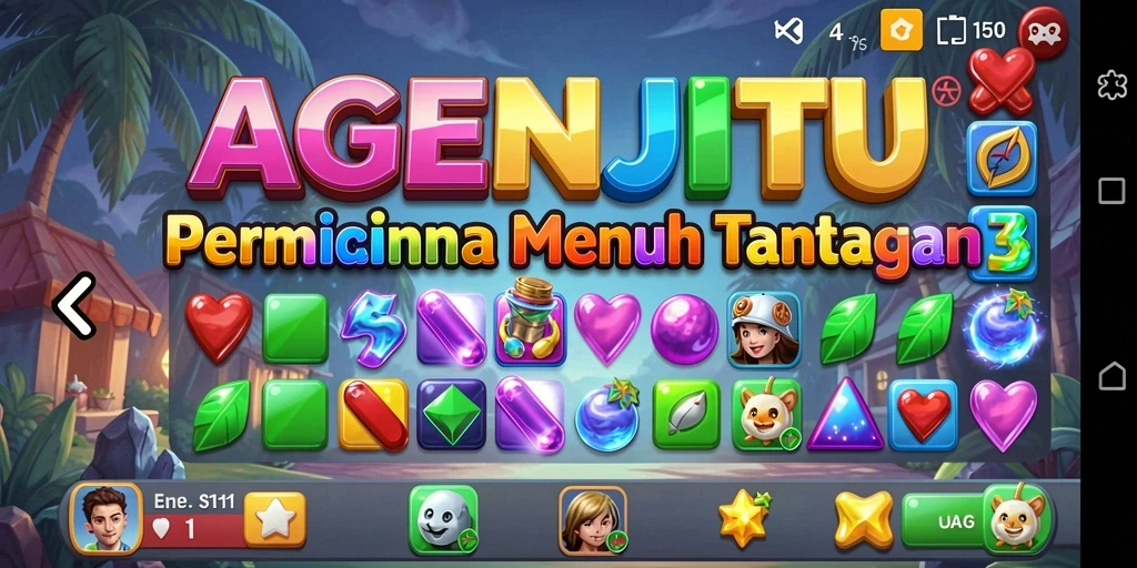 Tangkapan layar AGENJITU menampilkan permainan Match-3 yang penuh warna.