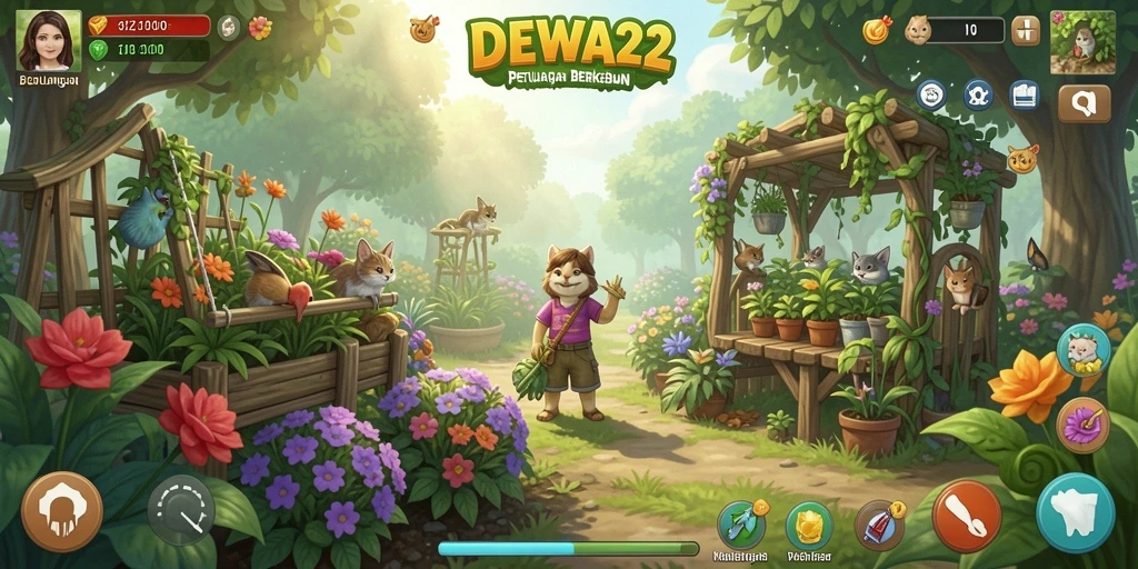 Gameplay seru DEWA22 dengan grafis menarik dan aktivitas berkebun.