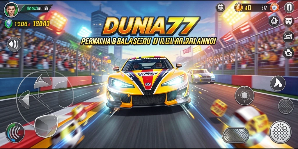 Gambar gameplay balap dengan mobil yang beraksi di lintasan.