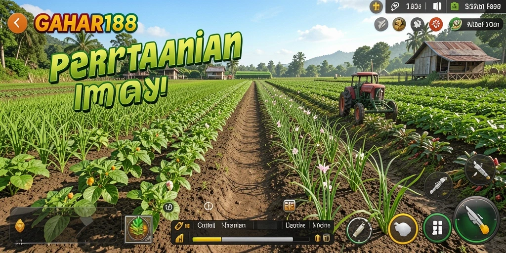 Screenshot gameplay GAHAR188 menampilkan ladang hijau yang subur dan aktivitas bercocok tanam.