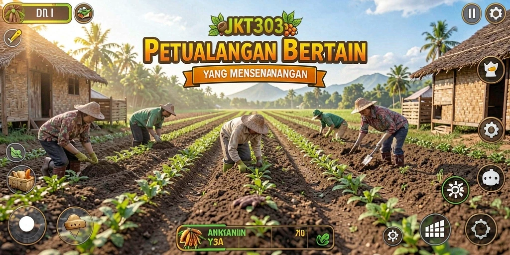 Screenshot menampilkan gameplay seru JKT303 dengan ladang subur dan aktivitas bertani.