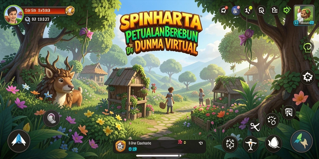 Screenshot gameplay SPINHARTA menampilkan kebun yang subur dan hewan ternak yang bahagia.