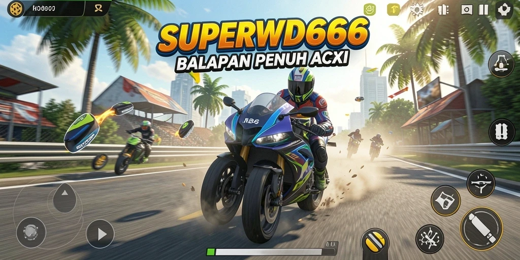 Screenshot dari gameplay SUPERWD666 menampilkan aksi balapan motor yang seru.